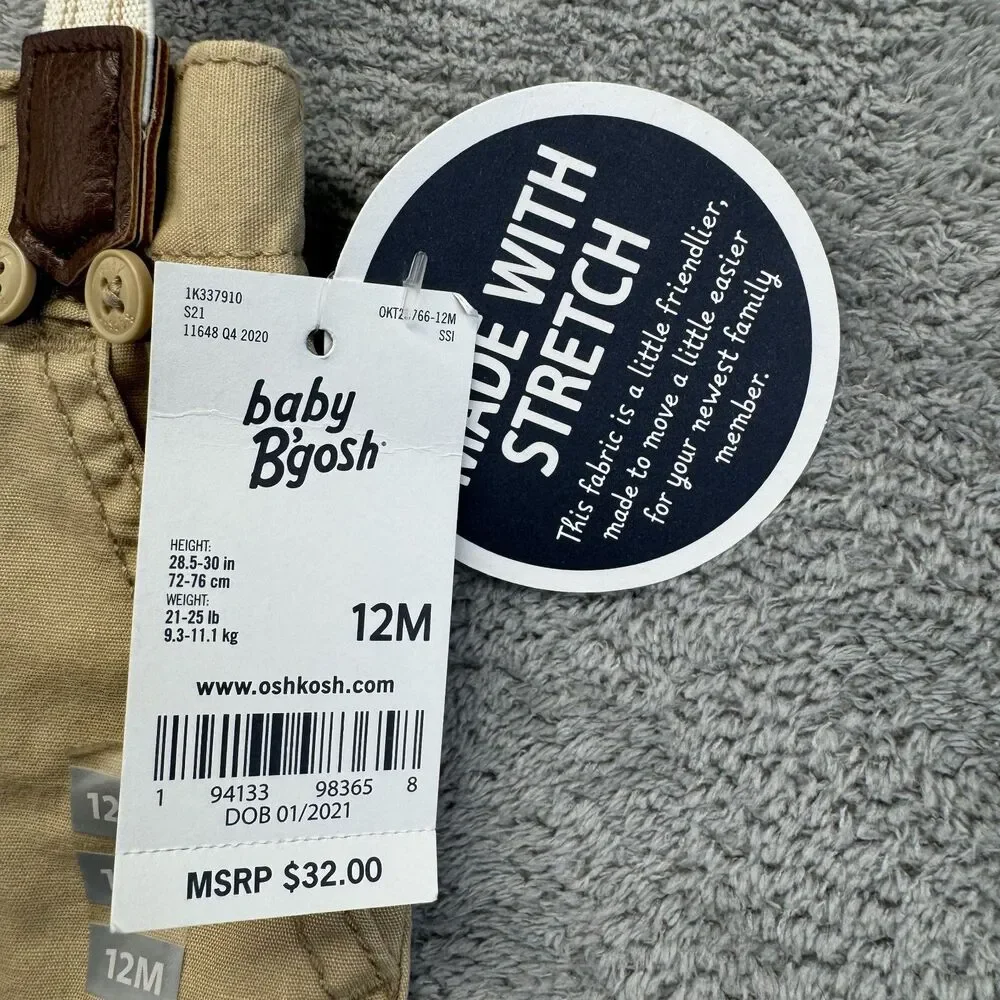 OshKosh Baby B'gosh Suspender Shorts Boy's 12 Months Overalls Brown Cargo NWT